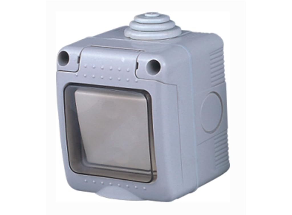 Conmutador estanco de superficie 16A/250V IP55 con tapa de plástico, protección contra agua y polvo, ideal para exteriores y entornos húmedos.