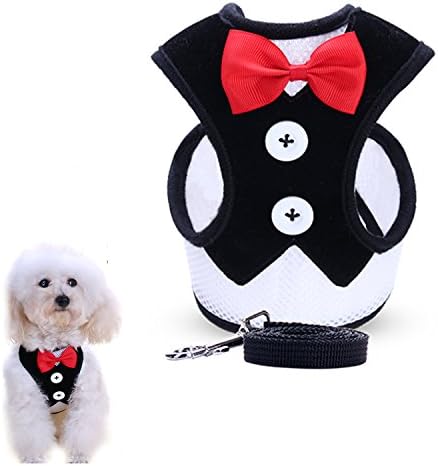 uFashion3C Dog Harness and Leash Set with Fancy Dress Red Bow Tie and Black Vest for Puppies and Smaller Dogs (Medium, Black)
