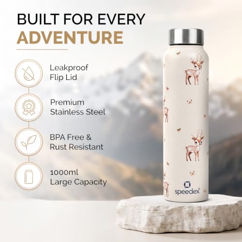 Image of Speedex Stainless Steel Printed Water Bottle 1 Ltr 1000 ml, BIS Approved, Leak Proof Screw Cap Bottle for Office, School, Travel, Daily Use for Men, Women, Kids, Adults, Baby Deer, Set of 2