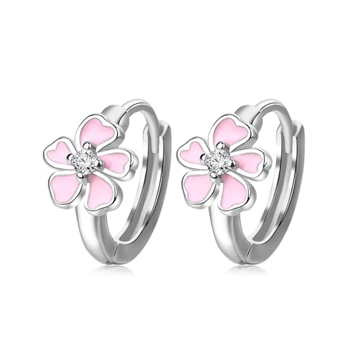 Tiny Cute Pink Flower CZ Small Hoop for Women Girls Teens Dainty Silver Plated Enamel Daisy Flowers Mini Cartilage Huggie Hoops Hypoallergenic Sleeper Hooped Fashion Jewelry Gifts Her
