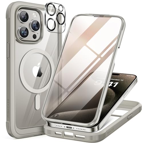 Image of Miracase Magnetic for iPhone 15 Pro Max Case 6.7'' [Compatible with Magsafe] Full-Body Drop Proof Phone Case for iPhone 15 Pro Max with Built-in 9H Tempered Glass Screen Protector,Grey Titanium