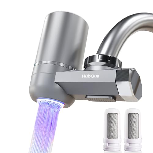 HubQua EcoUV - Filtre à Eau pour Robinet avec Technologie UV Brevetée Autogénérée, 2 Cartouches Double Action (Antical + Fibre de Carbone) Incluses, Élimine...