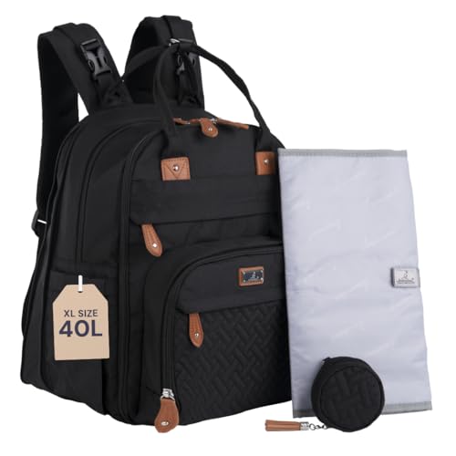 Image of BabbleRoo Extra Large Diaper Bag Backpack, Expandable Baby Bag with Up to 50% More Capacity - Travel Essentials Baby Bag Tote with Changing Pad, Stroller Straps & Pacifier Case - Unisex, Black