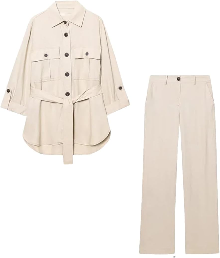 Womens Solid Vintage Casual Single Breasted Belt Jacket And Loose Pockets Pants Casual Chic Fashion Set
