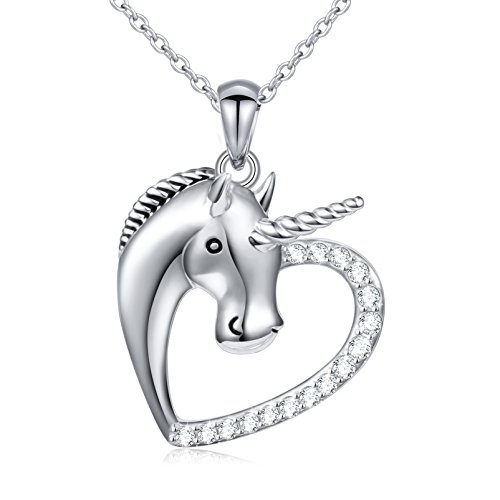 Sterling Silver Forever Love Unicorn in Heart Pendant Necklace for Women Girl, Rolo Chain 18 Inches