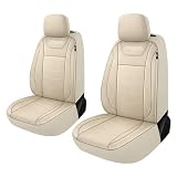 CAROMOP Luxury Leather Car Seat Covers 2 Front Set,Waterproof Faux Leather Automotive Seat Covers for Cars,Universal Car Interior Covers Seat Protectors for Sedans SUVs Pick-up Trucks(Beige/Beige)