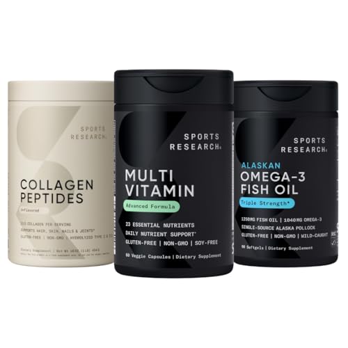 Sports Research® Multivitamin Pack - 23 Essential Vitamins & Minerals with CoQ10 & Iodine - Daily Nutrient Support + Omega-3 Fish Oil 1250 + Collagen Peptides - Hydrolyzed Type 1 & 3 Collagen Powder