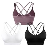 WANAYOU Sports Bras for Women, Cross Back Strappy Medium Support Sports Bra Padded Wireless Seamless Spaghetti Strap Workout Bra for Athletic Exercise Fitness 3 Pack Black White Purple Medium