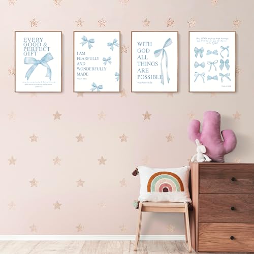 Image of LARTSFRO Coquette Blue Bow Wall Art Decor Posters, Baby Blue Bow Room Bedroom Bathroom Dorm Wall Art Decor Aesthetic for College Teen Girls Gifts, Inspirational Bible Verses Bow Wall Decor, 12x16 Inch Set of 4 Pcs Bow Pictures (UNFRAMED)