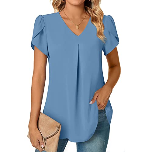 Blusa de Manga Curta Com Decote Em V, Blusa de Manga Curta Casual Elegante e Solta para Compras Femi