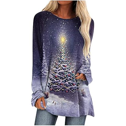 Christmas Tops for Women Novelty Casual Loose Xmas Jumpers Christmas Tree Print Holiday O-Neck Pullover Long Sleeve T Shirts Funny Graphic Sweatshirt Cover