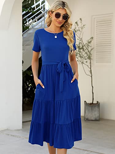 Image of Lyrur Women's Dresses Casual Summer Tiered Midi Dress Short Sleeve Belted Ruffle Babydoll Boho Sundress with Pockets