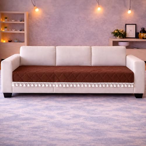 Image of Cortina Velvet Sofa Cover with Tassels | Sofa Couch Protector | Machine Washable Sofa Topper (Marron, 2 Seater)