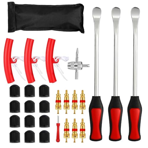 Foonary 31 Piezas Demonte Neumático Herramienta,Desmonte Neumático Moto,Herramienta de Montaje de Neumáticos,3 Alicates para Desmontar Neumáticos,12 Tapas de Válvula para Neumáticos de Motocicleta