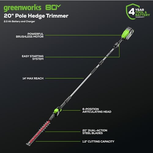 Image of Greenworks 80V 20 inch Brushless Pole Hedge Trimmer, 2.0Ah Battery and 2A Charger