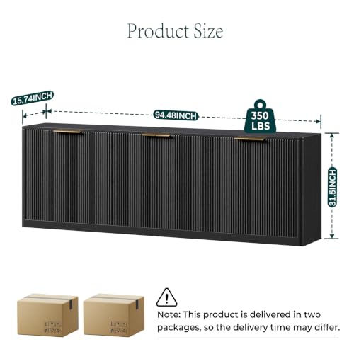 Image of Evermagin 94.5 inch Fluted Black Buffet Cabinet with Storage | Mid-century modern wood sideboard, large credenza with 6 doors for kitchen or living room, 94.5 inchW x 31.5 inchH x 15.7 inchD