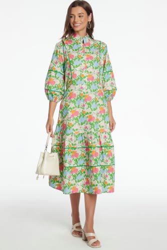 Image of D-Sun Women Floral Maxi Dress Elegant Printed Button Down 3 /4 Puff Sleeve Tiered A-Line Flowy Party Long Dress with Pocket