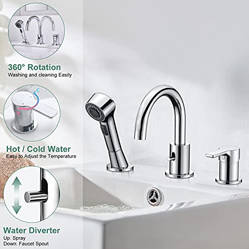 Crea Bathroom Faucet 3 Hole Bathtub Widespread Sink Faucets Chrome With Shower Diverter Pull Out Shower Head Roman Bathtub Waterfall Spout Filler Faucet For Baby Pet Dog Cat Bath Hair Washing #TOP3