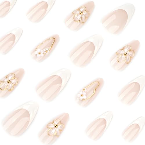 Image of Secret Lives Glossy Nude & White Tip Press-On Nails - 3D Floral Design with Gold Stud Accents Almond Shape Wearable False Nails 24-Pieces Set with Kit