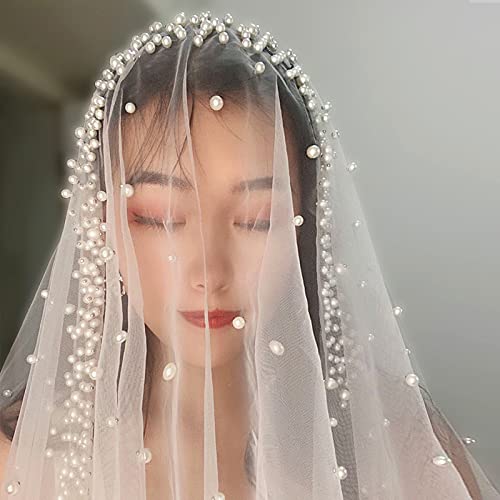 Accesorio de Boda, Cubierta Facial con Cuentas de Perlas Blancas Naturales, Longitud Corta hasta los Hombros, Velo de Novia, Accesorios de Boda