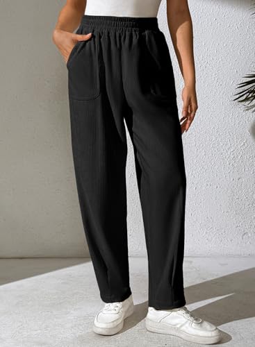 EVALESS Women's Corduroy Pants Elastic High Waist Pleated Wide Leg Trousers Fall Comfy Casual Baggy Pants with Pockets2