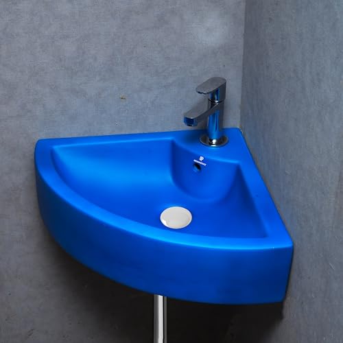 Image of REMANENCE Ceramic Wall Hung Corner Wash Basin for Bathroom | Wall Mounted Corner Sink (20.4 x 15 x 6 Inch) (Blue)
