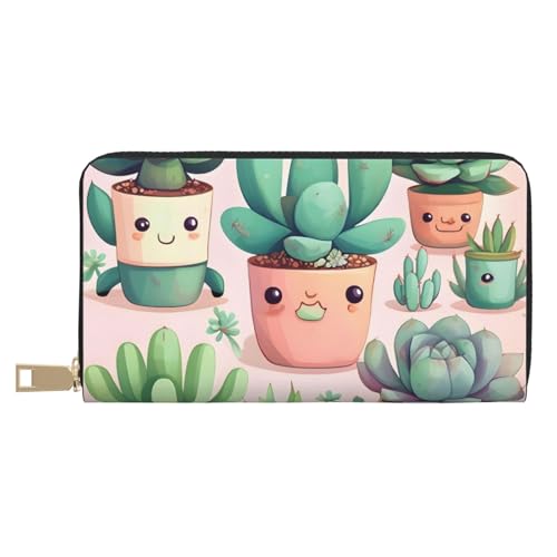 yuangjhop Lovely Succulent Plants Leather Wallet, Unisex Long Wallet, Business Zipper, Multiple Card Slots, Large Capacity, Fashion, Casual, Wallet