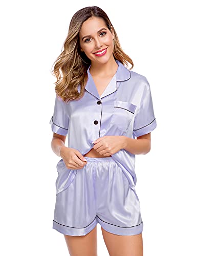 Image of LecGee Womens Silk Satin Pajamas Short Sleeve Loungewear Two-Piece Sleepwear Button-Down Pj Set
