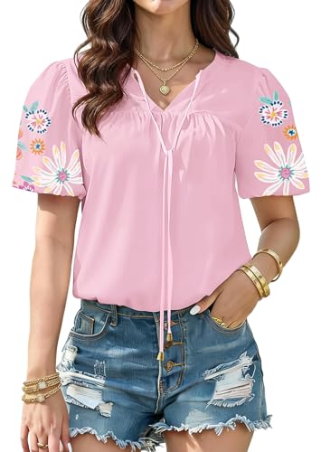 Soesdemo Womens Short Sleeve Shirts Bohemian V Neck Puff Sleeve Flowy Peasant Blouses Loose Fit Summer Tops Pink XL