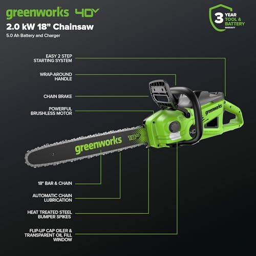 Image of Greenworks 40V 18 inch Brushless Cordless Chainsaw, 5.0Ah Battery and Charger Included