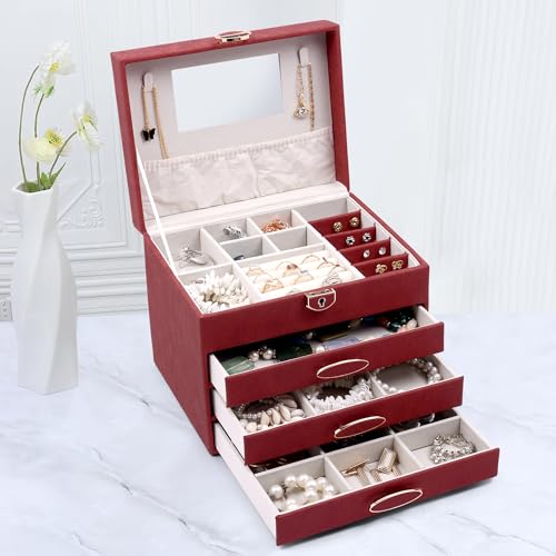 Image of BucketList Luxury PU Leather Jewellery Organizer Box with Mirror & Lock | 3 Drawer Jewelry Storage Case with Ring Rolls & Compartments (4 Drawers Jewelry Box with Mirror (Red))