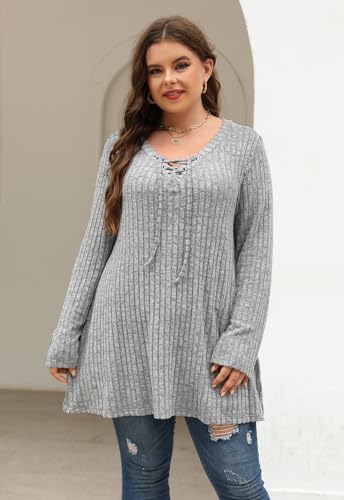 Image of Nemidor Women Plus Size Casual Tunic Top Drawstring V Neck Long Sleeve | 1X-5X plus, ribbed knit, long sweater, solid, semi-fitted flattering cut for curvy women, Fall, Winter, work, daily, dinner