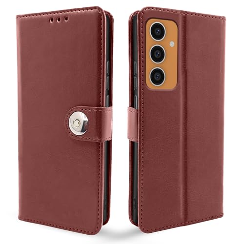 Image of Pikkme Samsung Galaxy S23 FE 5G Flip Cover Leather Finish | Wallet Stand and Shock Proof | Inside TPU with Card Pockets | Complete Protection Button Flip Case (Brown)