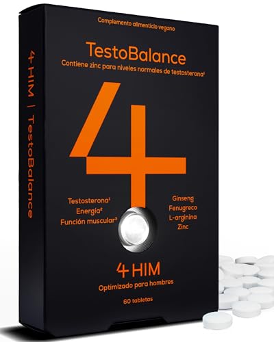 4 HIM TestoBalance - Energía & Funcion Musculár - Zinc + Magnesio + B6, Fenogreco, L-Arginina & Ginseng - 60 Comprimidos Veganos