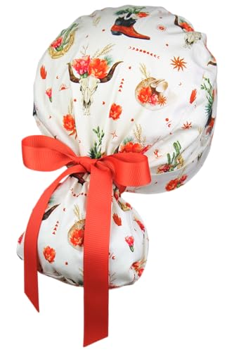 Image of Scrub Cap for Women and Men, Ponytail Scrub Caps, Working Hat, Head Cover with Ribbon Ties and Buttons, Long Hair
