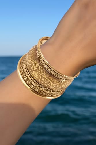 Image of Touchstone Indian Bollywood Desire Brass Base Exotic Workmanship Free Size Cuff Bracelet in Antique Gold Or White Or Copper Tone for Women.