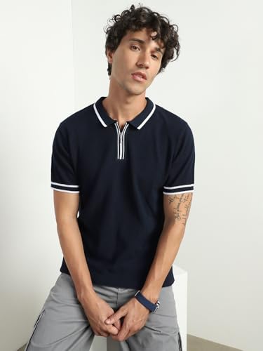 Image of NOBERO Men's Textured Polo Shirt, 100% Cotton Flat Knit, Regular Fit, Vibrant Hues, Classic Polo Collar, Soft & Breathable Casual Wear