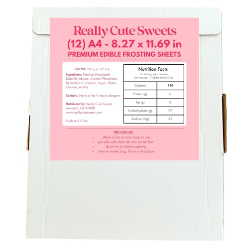 A4 Edible Frosting Sheets for Edible Printers by Really Cute Sweets - 12-Sheet Pack Premium Edible Image Paper for Edible Printer Paper - Edible Paper for Cakes, Cookies, and Photo Decoration - Edible Icing Sheets 8.3 x 11.7"