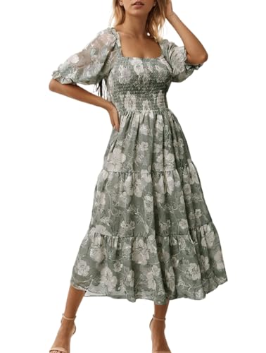 Sissyaki Women's Boho Floral Print Tiered Long Dress Summer Short Sleeve Square Neck Flowy Maxi Dress 2-Green Floral Medium