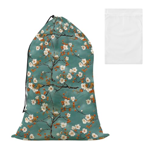Bolsa de almacenamiento para ropa delicada con flores de cerezo blanco y verde azulado, juego de bolsa de lavado de malla para la escuela, viajes, universidad, dormitorio, bolsa de basura lavable
