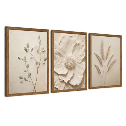JLTULT 3 Piece Framed Neutral Beige Floral Canvas Wall Art,