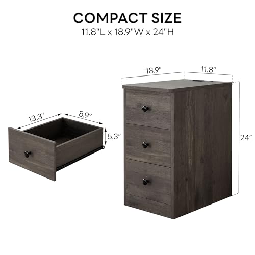 Image of LIKIMIO Nightstand with Charging Station, Narrow Bedside Table with 3 Drawers, End Table with USB Ports and Outlets, Side Table for Living Room /Bedroom Modern, Charcoal Grey