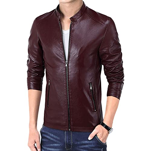 Maiyifu-GJ Men Casual Faux Leather Biker Jacket Stylish Stand Collar Bomber Jackets PU Leather Lightweight Motorcycle Coats (Red Wine,3X-Large)