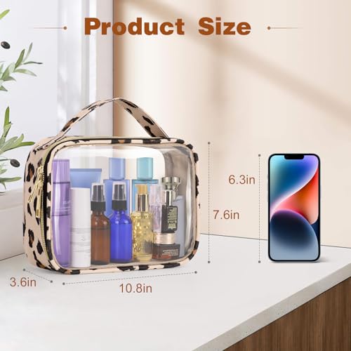 Image of Wedama Clear Toiletry Bag, 2 Pack Clear Makeup Bags with Handles, Large Travel Bags PVC Cosmetic Bag for Women and Men, Carry on Airport Airline Compliant Bag, Leopard Print