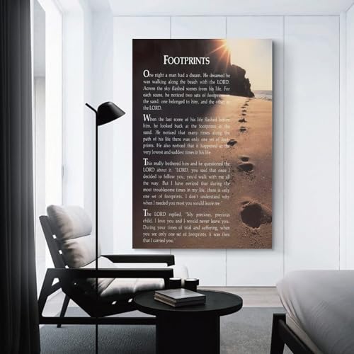Usoway Footprints In The Sand Motivational Christian Poem Wall Art Canvas Bedroom Painting Home Decor Pictures Artworks Posters UnFramed-2,16x24inch(40x60cm)