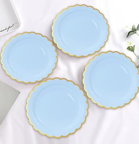 Image of HEIPINIUYE 50 Pieces Light Blue Paper Plates with Gold Foil 9 Inch Disposable Baby Blue Scalloped Dinner Plates for Wedding Baby Shower Birthday Party Dessert Plate