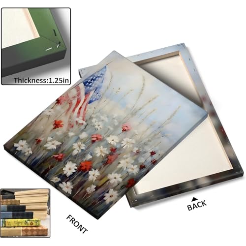 Image of Memorial Day Canvas Print, Patriotic American Flag Wildflowers Oil Painting, Red White Blue Field Poster Framed Art, USA Independence Day Artwork for Living Room or Porch Decor 20x24inch