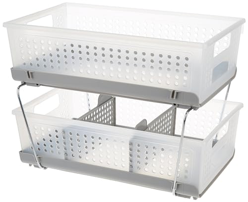 madesmart 2-Tier Plastic Multipurpose Organizer with Divided Slide-Out Storage Bins, Under Sink and Cabinet Organizer Rack, Frost