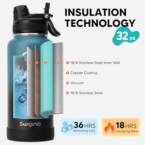 Image of Swigina [2-IN-1 LID] Insulated Water Bottle with Silicone Boot (36hrs Cold /18hrs Hot) - DIY Stickers, Leakproof, BPA Free, 32 oz