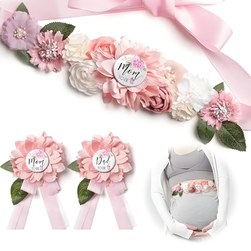 Baby Shower Sash for Mommy & Daddy Corsage Pins, Pink Flower Mom to Be Belly Sash Belt Baby Shower